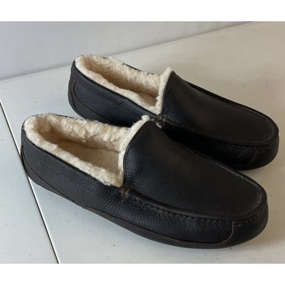 UGG ASCOT MEN SLIPPER LEATHER Dark Brown US 10 3E /UK 9 /EU 43 Lounge Casual